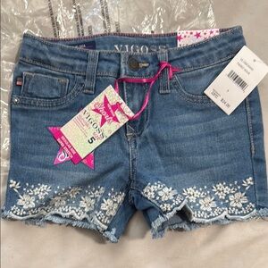 Vigoss Blue and White Jean Shorts with Lace Trim